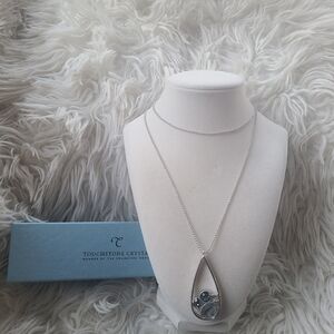 Touchstone Crystal Inside Scoop Pendant Rhodium Plated Necklace-Excellent Condit